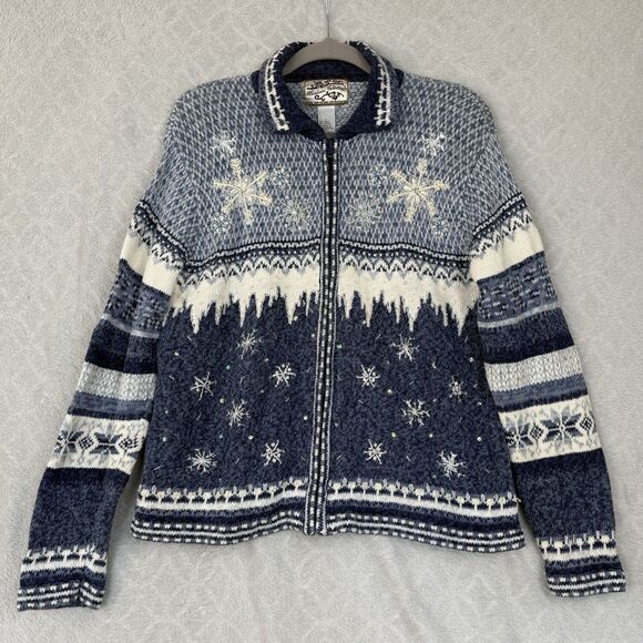 Vtg Heirloom Collectibles Sweater Large Blue Winter Snowflakes Knit Full Zip Y2K - Picture 1 of 14